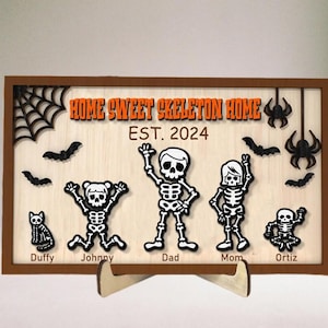 Custom Ghost Family Sign, Personalized Skeleton Dancing Family 2-Layer Wood Sign, Custom Halloween Family Home Decor, Spooky Halloween Decor