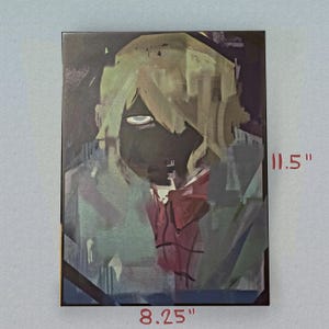 Puede incluir: Impresión artística abstracta que presenta un retrato estilizado con una paleta de colores oscuros. La obra de arte representa una figura con cabello claro y un acento rojo, midiendo aproximadamente 21 x 29 cm.