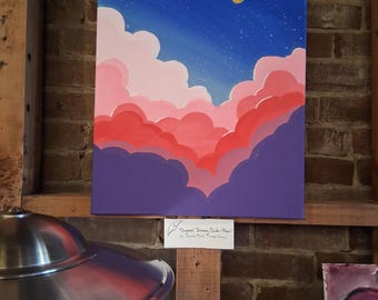 Dreamy Clouds & Moon Acrylic Painting on Canvas Board