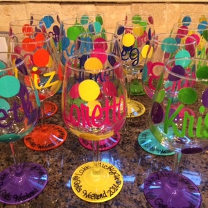 Girl's Weekend Handpainted and Personalized Wine Glasses, Pilsner glasses, Martini etc glasses for Wedding Party Etc. Etc.