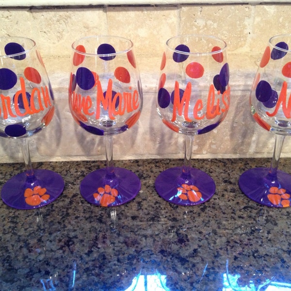 Hand painted personalized Clemson  Wine Glasses