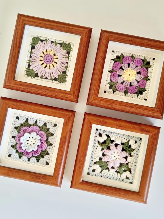 Crochet Granny Square Photo Frame Decor Handmade Flower Pattern Home Decor Wall Table Display