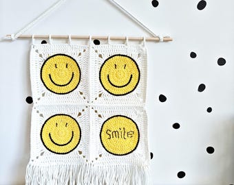 Cheerful Smiley Wall Hanging Handcrafted Yellow & White Tapestry with Tassels Handmade Crochet