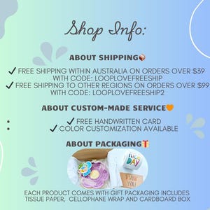 May include: A graphic with the text "Shop Info:" and details about shipping, custom-made services, and packaging. The image includes a gift box with a crocheted item, a mug, and a thank you card.