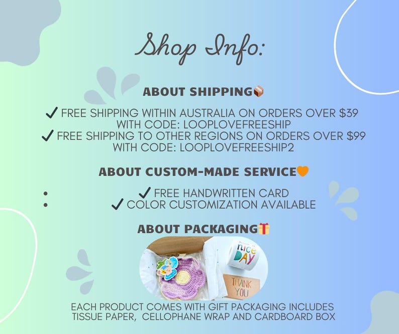 May include: A graphic with the text "Shop Info:" and details about shipping, custom-made services, and packaging. The image includes a gift box with a crocheted item, a mug, and a thank you card.