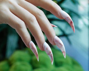 White Bloodstone Gothic Nails | Long Curved Stiletto Claw Nails | Werewolf Nails | Acrylic Nails | Goth Nails | Horror Nails | Rapture Claw