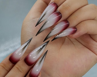 Uñas postizas de vampiro con efecto ombré para Halloween, uñas postizas de aguja en rojo sangre y negro, uñas postizas góticas, uñas oscuras para cosplay de terror, uñas de vampiro