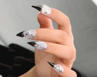 Black to Silver Glitter Ombre Cat Claw Press on Nails, Edgy Glamorous Claw Nails, Sparkly Gradient False Claw Nails, Daily Nails For OOTD