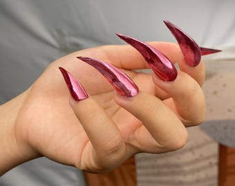 Uñas postizas de garra cromadas rojas hechas a mano, set de uñas góticas vampíricas para cosplay, uñas de terror, uñas góticas, uñas de hombre lobo, uñas de vampiro