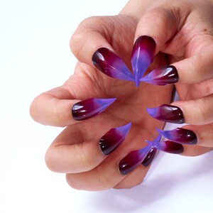 May include: A set of long, pointed, ombre nails with a dark red base and a light purple tip.