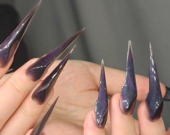 Black Purple Cat Eye Claw Nails 60mm, Long Mechanical Fantasy Press on Nails, Magnetic Witchy Gothic Claw Nails, Acrylic Press On Nails