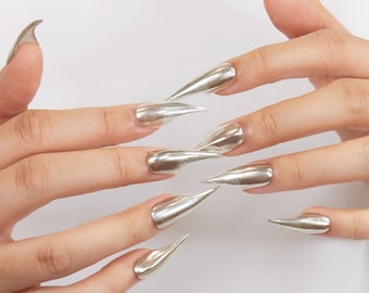 Handmade Chrome Silver Dragon Claw Nails | Sharp Metallic Press On Nails | Cyber Goth Nail Set | Werewolf Nails| Acrylic Y2K Nails