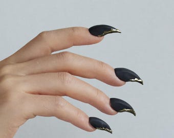 Black Gold Claw Press On Nails | Matte Curve Fake Nails with Metallic Tips | Werewolf Nails | Acrylic Nails | Goth Nails| Rapture Claw