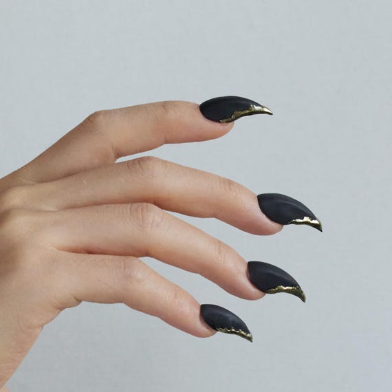 Black Gold Claw Press On Nails | Matte Curve Fake Nails with Metallic Tips | Werewolf Nails | Acrylic Nails | Goth Nails| Rapture Claw