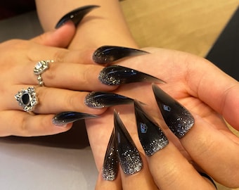 Halloween Black Claw Press On Nail, Gothic Punk Acrylic Claw Nail, Long Stiletto Ombre Claw Nail with Silver Glitter, Reusable Acrylic Nail