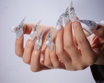 Glamorous Silver Cat-Eye Silver Foil Dragon Claw Nail | Press On Claw Nails | Fox Nails | 3D Dragon Claw Nail | Cat Nails | Eagle Claw Nails