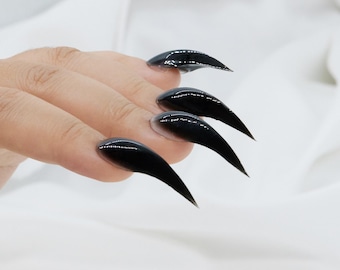 Gothic Vampire Black Claw Nails, Spooky Stiletto Fake Nails, Halloween Witch Cosplay False Nails, Long Curved Dark Glam Acrylic Nails