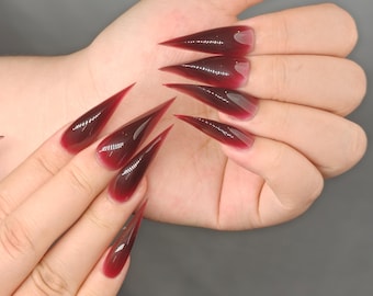 Dramatic Red Long Dragon Claw Press on Nails, Sharp Stiletto Fantasy False Claw Nails, Bold Statement Gothic Nail Art, Werewolf Cosplay Nail