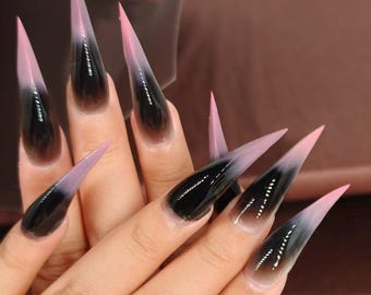 Halloween Gothic Ombre Stiletto Press on Nails, Long Black to Pink Gradient False Nails, Witchy Goth Nail for Cosplay, Club, or Daily Style