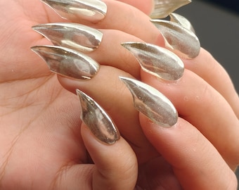 Unhas postiças com garra de dragão dourada espelhada feita à mão | Unhas 3D Talon | Unhas de raposa | Unhas góticas | Unhas de garra Y2K | Unhas de garra de lobisomem