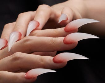 Uñas postizas de aguja con degradado rojo hechas a mano, uñas postizas góticas, juego de uñas de garra de vampiro, uñas de fantasía oscura, uñas de garra de dragón, uñas de cosplay