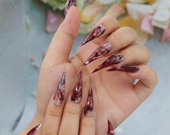 Uñas de garra de mármol rojo sangre, uñas postizas de garra de vampiro con punta de aguja, uñas postizas góticas de Halloween, uñas largas y puntiagudas para cosplay de terror, uñas de vampiro