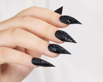Black Gothic Claw Nails, Spiderweb Stiletto Fake Nails, Halloween Witch Vampire Nails, Spooky Cosplay False Nails, Dark Glam Claws Nails