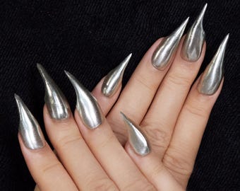 Metallic Silver Dragon Claw Nails | High-Shine Metallic Claw Nails | Sharp Cyberpunk Nail Set | Futuristic Gothic Nails | Acrylic Y2K Nails