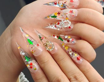 Glam Christmas Long Claw Press on Nails, Sparkling Red & Green Claw Nails, Edgy Holiday Party Nails, Unique Xmas Claw Nails, Xmas Nails Gift