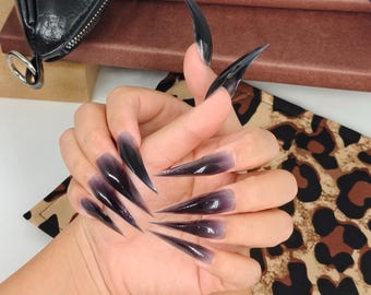 Icy Black Translucent Long Dragon Claw Nails, Glossy Press On Stiletto Nail Art, Gothic Y2K Witchy Talons, Handmade Custom Acrylic Nails