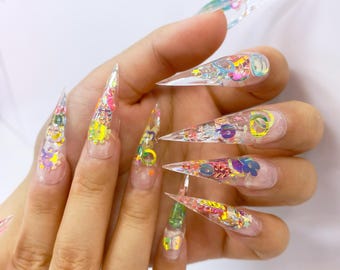 Handmade Long Pointed Claw Nails, Long Claw Nails for Party & Rave, Clear Acrylic with Colorful Glitter Press on Nails, Goth Claw Nails