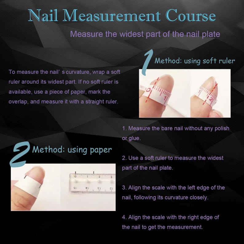 May include: Image detailing nail measurement methods. The text reads "Nail Measurement Course" and provides instructions using a soft ruler and paper. Includes images of nails being measured with a ruler and paper.
