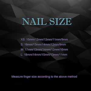 May include: A chart showing nail sizes in millimeters. The chart lists five sizes: XS, S, M, L, and XL. Each size is represented by a range of five measurements. For example, size XS is 15mm, 12mm, 13mm, 11mm, and 9mm.