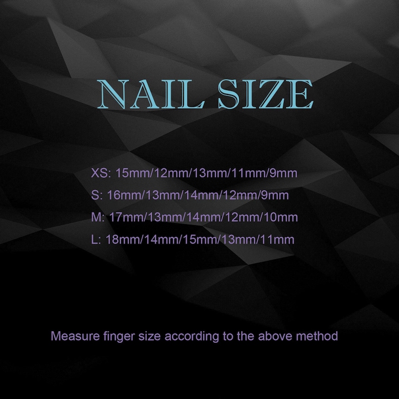May include: A chart showing nail sizes in millimeters. The chart lists five sizes: XS, S, M, L, and XL. Each size is represented by a range of five measurements. For example, size XS is 15mm, 12mm, 13mm, 11mm, and 9mm.