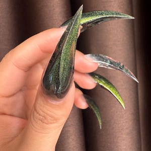 Op de afbeelding: Close-up van lange, puntige, kunstmatige nagels in stiletto-stijl. De nagels zijn donker, glinsterend groen met een glanzende afwerking. Het ontwerp heeft een gradiënteffect, dat overgaat van een donkerdere basis naar een lichtere, glinsterende punt.