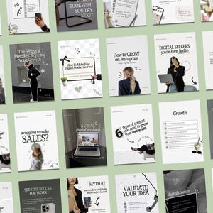 May include: A collection of digital marketing and business strategy infographics on a green background. The graphics feature text and illustrations on topics like Instagram growth, sales, and productivity hacks. The color scheme is primarily black, white, and green.