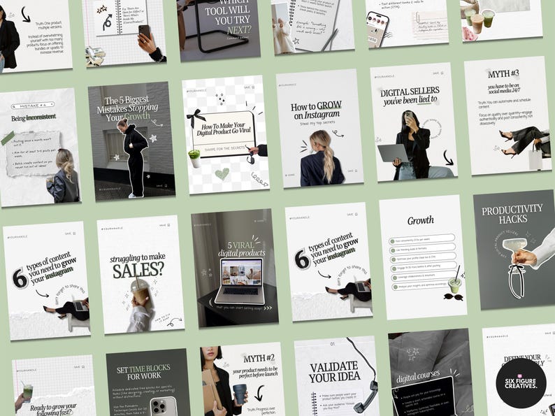 May include: A collection of digital marketing and business strategy infographics on a green background. The graphics feature text and illustrations on topics like Instagram growth, sales, and productivity hacks. The color scheme is primarily black, white, and green.