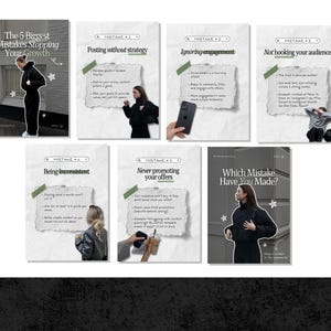 May include: A collection of six informational graphics with text and images. The first graphic is titled "The 5 Biggest Mistakes Stopping Your Growth." The other graphics highlight mistakes such as "Posting without strategy" and "Ignoring engagement."