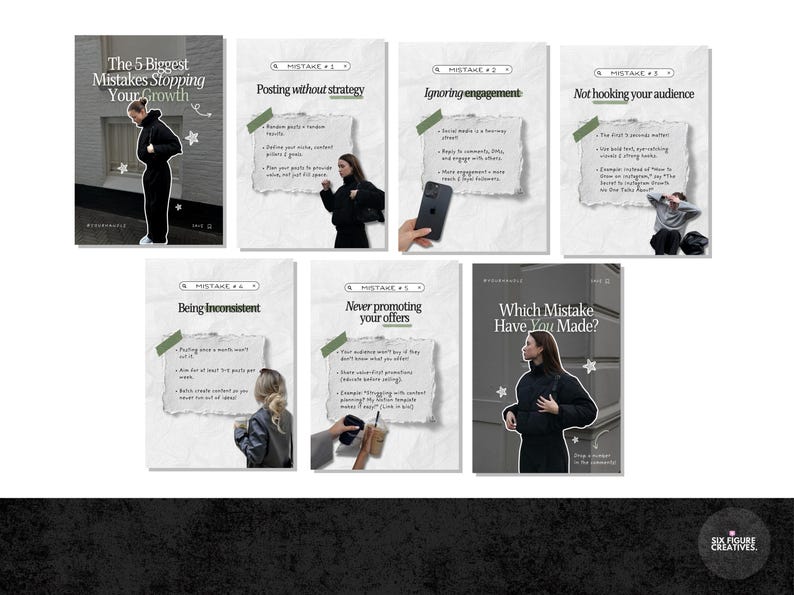 May include: A collection of six informational graphics with text and images. The first graphic is titled "The 5 Biggest Mistakes Stopping Your Growth." The other graphics highlight mistakes such as "Posting without strategy" and "Ignoring engagement."
