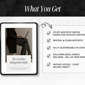 Puede incluir: Gu&iacute;a de marketing digital titulada "The Faceless Instagram Guide" con una persona usando una laptop. La gu&iacute;a incluye 22 gu&iacute;as est&eacute;ticas, dise&ntilde;o neutro, personalizaci&oacute;n de Canva y derechos de reventa. El texto "What You Get" est&aacute; en la parte superior.