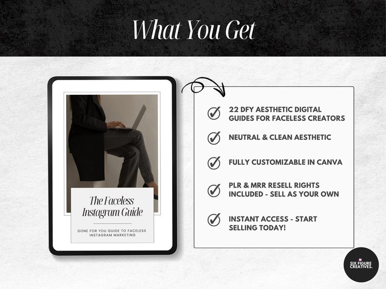 Puede incluir: Gu&iacute;a de marketing digital titulada "The Faceless Instagram Guide" con una persona usando una laptop. La gu&iacute;a incluye 22 gu&iacute;as est&eacute;ticas, dise&ntilde;o neutro, personalizaci&oacute;n de Canva y derechos de reventa. El texto "What You Get" est&aacute; en la parte superior.
