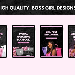 May include: Image featuring four digital marketing guides on tablets. The guides have pink and black themes with text like "Girl, Launch the Business" and "Digital Marketing Playbook." The image includes the text "High Quality. Boss Girl Designs."