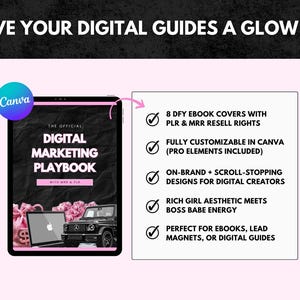 May include: Image promoting digital marketing guides. The image features a tablet displaying a digital marketing playbook, a laptop, and a black SUV. Text includes "Give Your Digital Guides a Glow Up" and details about ebook covers and Canva customization.