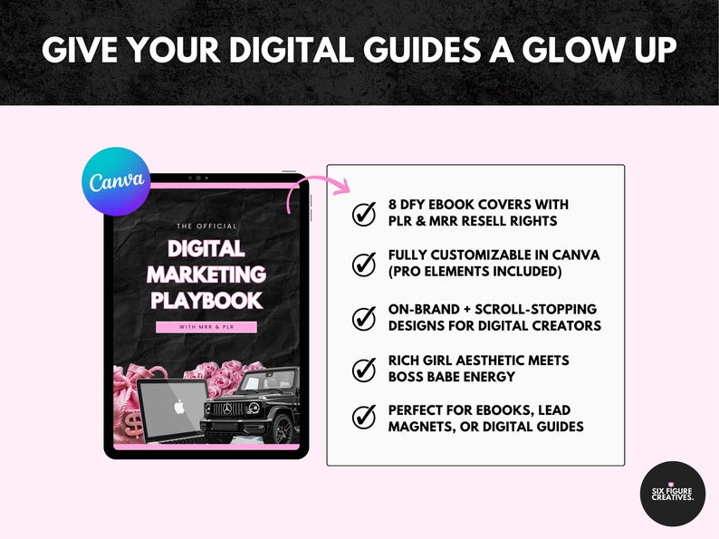 May include: Image promoting digital marketing guides. The image features a tablet displaying a digital marketing playbook, a laptop, and a black SUV. Text includes "Give Your Digital Guides a Glow Up" and details about ebook covers and Canva customization.