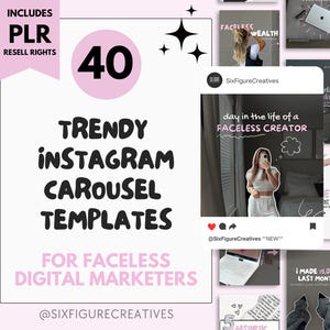 Könnte beinhalten: Eine Werbegrafik mit dem Text "Trendy Instagram Carousel Templates" für digitale Vermarkter. Das Design enthält die Zahl "40" in einem rosa Kreis, Sternen und Beispiel-Instagram-Posts. Der Text "PLR Resell Rights" ist ebenfalls enthalten.