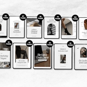 Puede incluir: Una colecci&oacute;n de gu&iacute;as digitales mostradas en tabletas. Las gu&iacute;as cubren temas como marketing y redes sociales. Cada tableta tiene un marco negro y un fondo blanco con texto e im&aacute;genes.