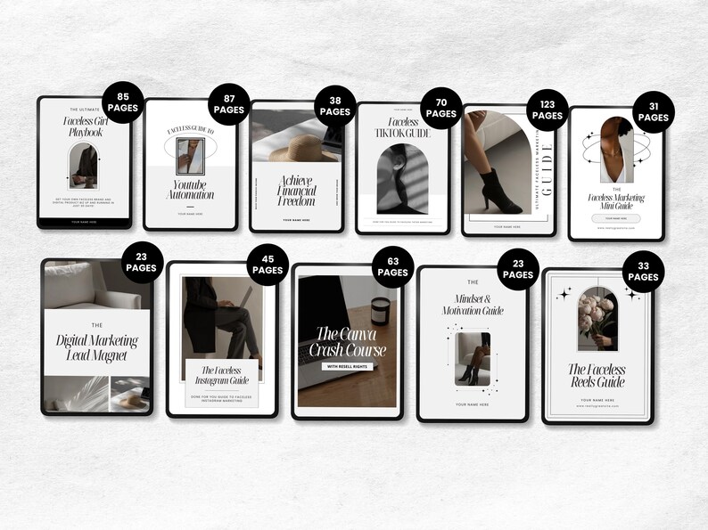 Puede incluir: Una colecci&oacute;n de gu&iacute;as digitales mostradas en tabletas. Las gu&iacute;as cubren temas como marketing y redes sociales. Cada tableta tiene un marco negro y un fondo blanco con texto e im&aacute;genes.