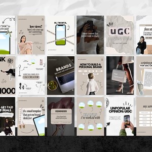 May include: A collection of Instagram post templates with beige backgrounds and various graphics. The posts cover topics like UGC content, brand deals, and personal branding. Text includes "UGC Content Ideas", "How to Build a Personal Brand", and "My Services".
