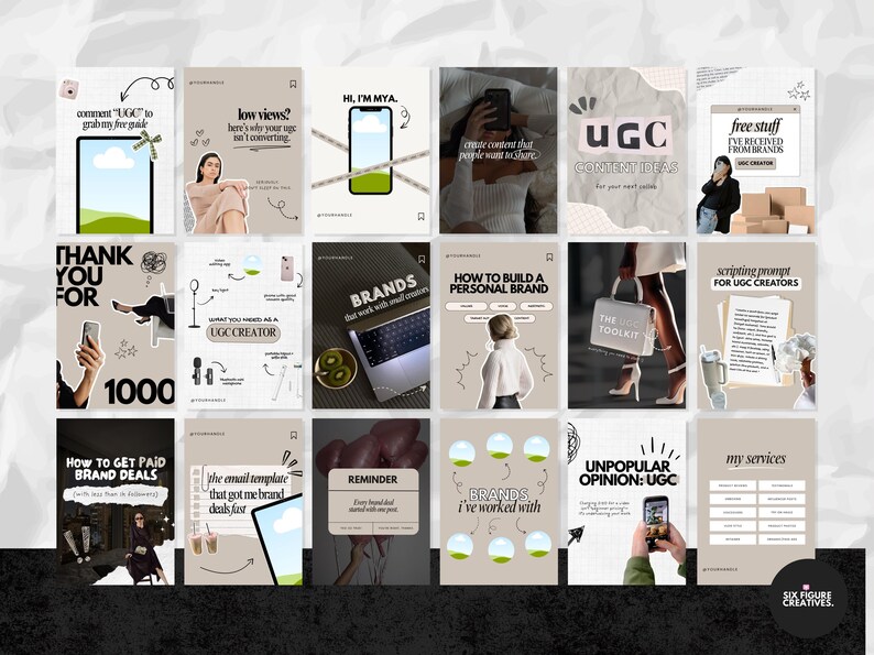 May include: A collection of Instagram post templates with beige backgrounds and various graphics. The posts cover topics like UGC content, brand deals, and personal branding. Text includes "UGC Content Ideas", "How to Build a Personal Brand", and "My Services".
