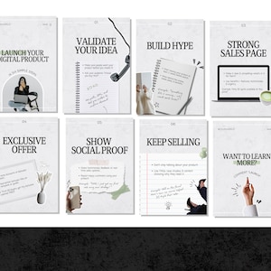 May include: A series of eight informational cards with text and illustrations. The cards cover topics like launching a digital product, validating ideas, building hype, and creating a strong sales page. The cards have a minimalist design with a neutral color palette.